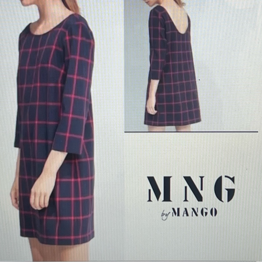 MNG by Mango Navy and Red Windowpane Plaid Shift Mini Dress Size XS